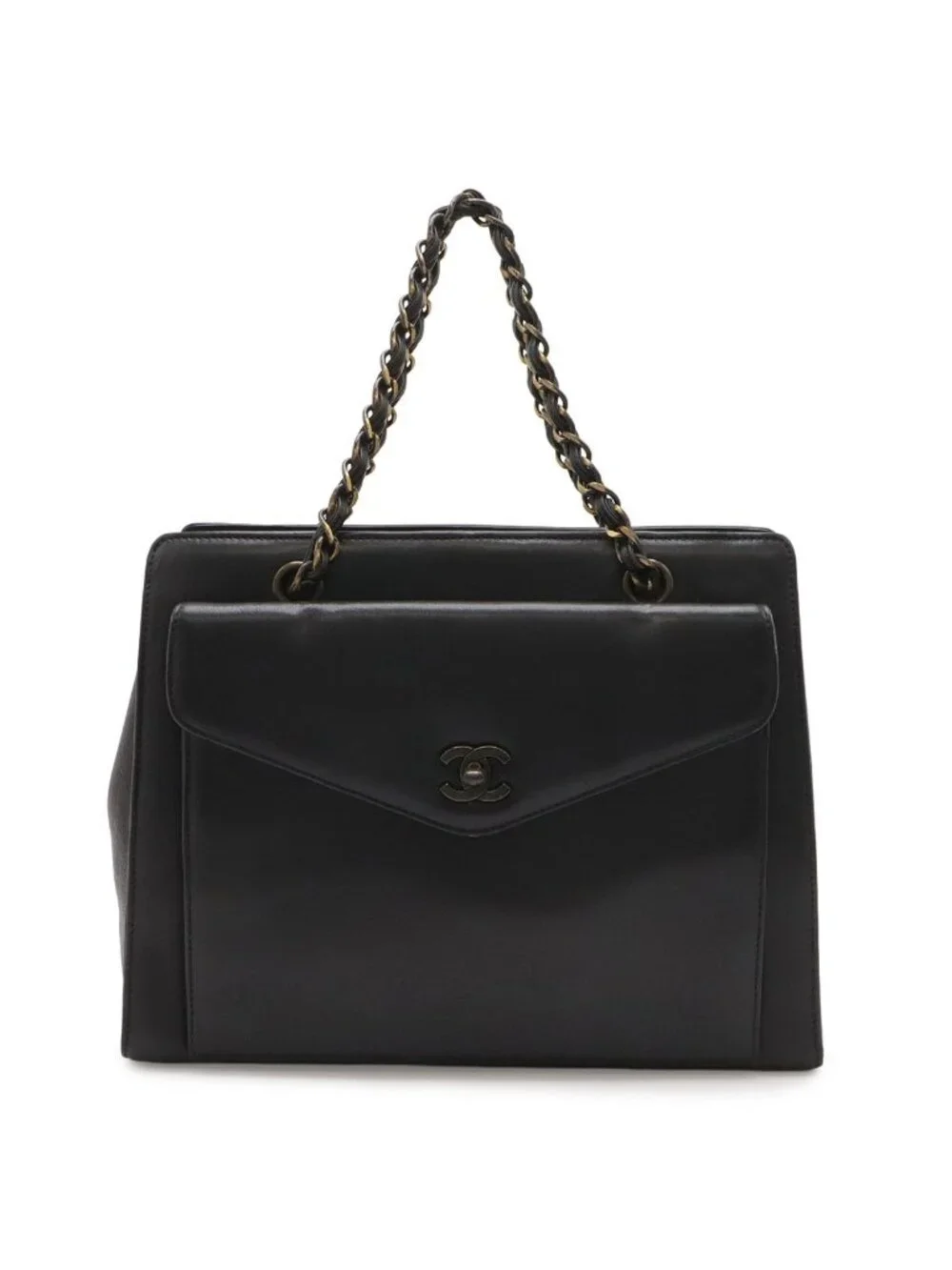 Chanel Chain Handle Tote Leather Black Gold Vintage
